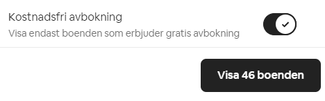 Black toggle for "Free cancellation" on Airbnb close to a button saying "Show 46 places"