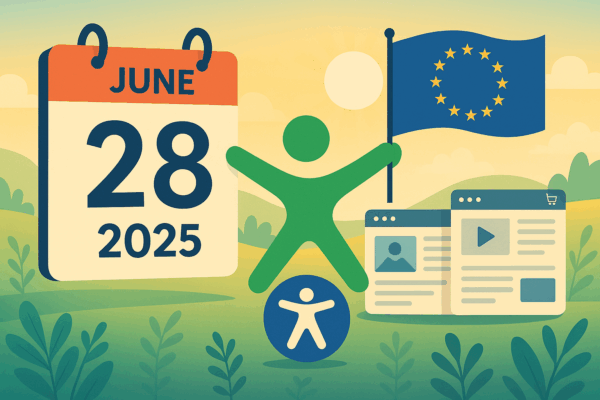 A collage of different icons, a calendar, an accessibility icon, EU flag and Axess Lab logo. 
