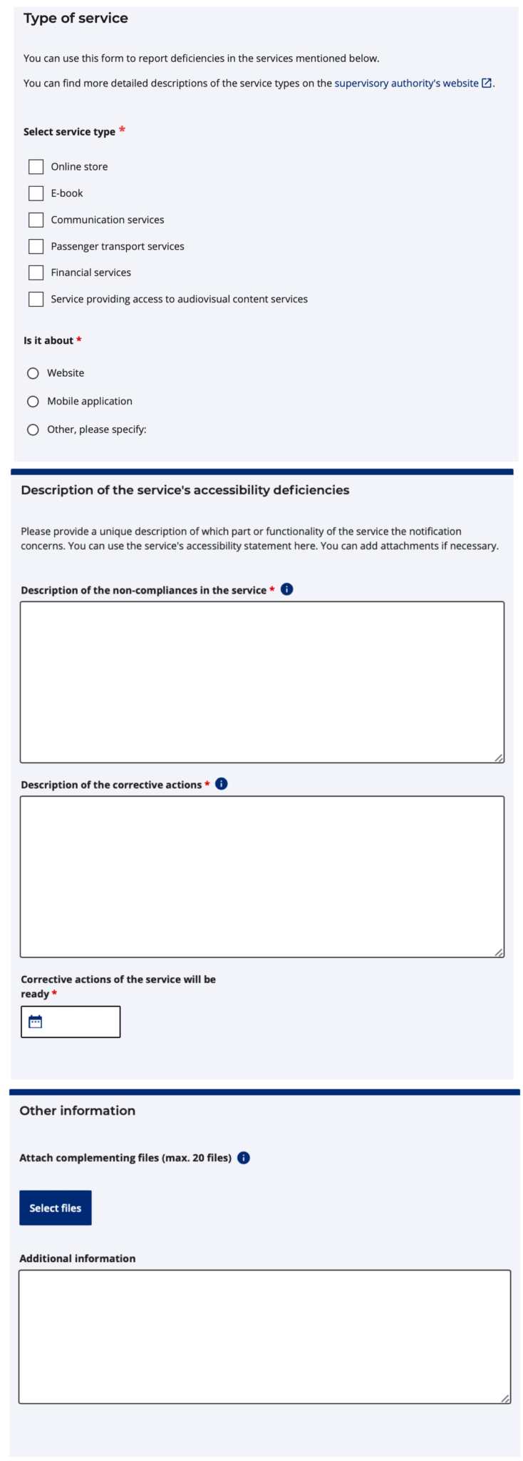 Finland's form including "Description of the accessibility deficiencies and corrective actions", "Corrective actions of the service will be ready by date" and "Attach complementing files".