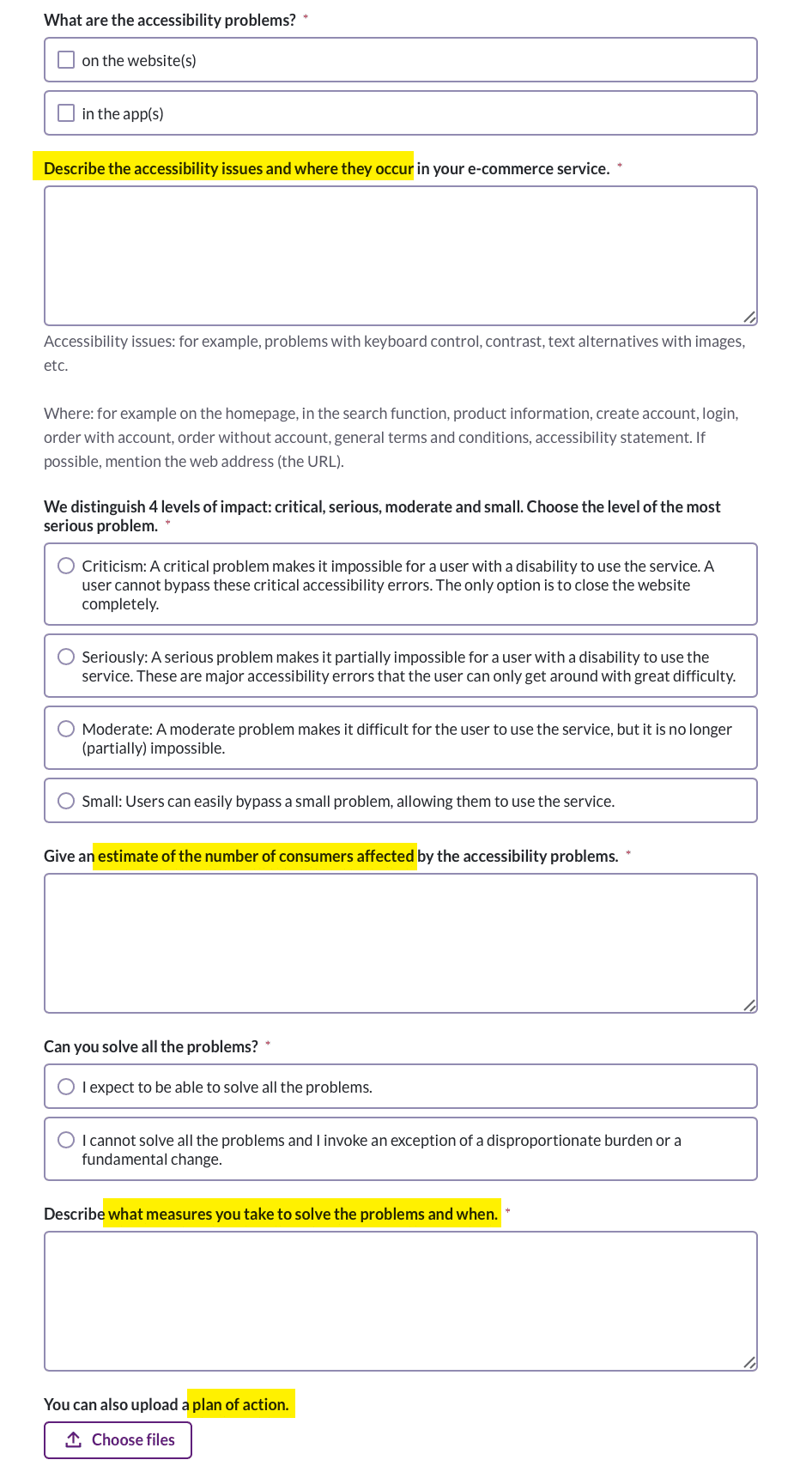 Form with fields for "Describe the accessibility issues and where they occur", "Estimate the number of consumers affected", "What measures you take to solve the problems and when" and "Upload a plan of action".