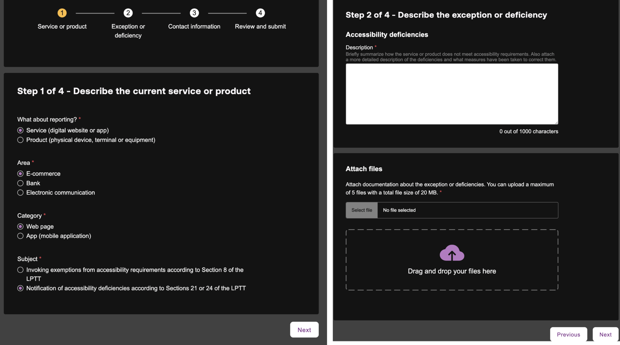 Sweden's form step 1 and 2, including "Describe the current service", "Accessibility deficiencies" and "Attach files"
