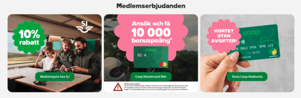 Ad on Coop.se showing three teasers with text on images. 