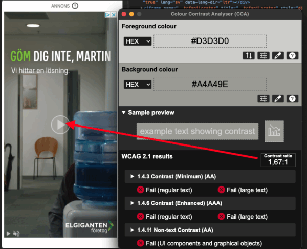 Dn.se Elgiganten ad. Play button low contrast