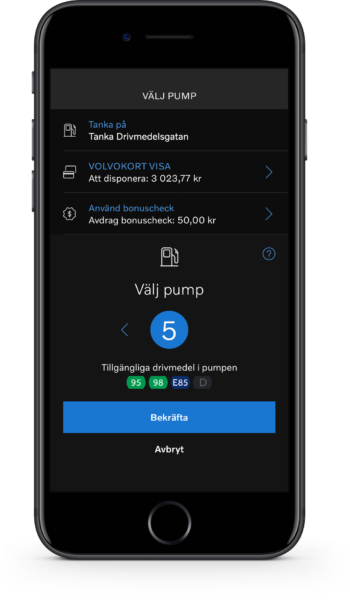 Smartphone screen showing an app for selecting a fuel pump.