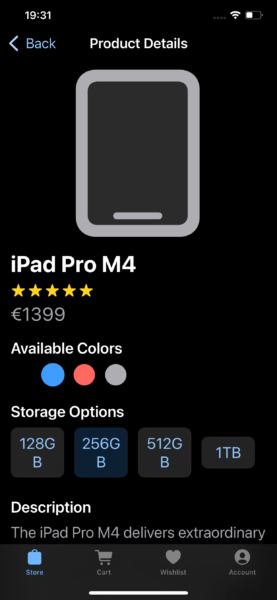 Screenshot of the Product Details page in the demo app. It shows an example iPad Pro M4 with a five-star rating, a price of €1399, and selectable color and storage options where 256GB is selected.