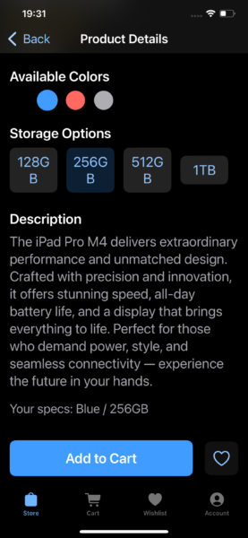 Screenshot of the lower section of the Product Details page. It shows the color and storage options, the product description text, and buttons to add the product to the cart and wishlist. The current selection is shown as Blue with 256 GB storage.