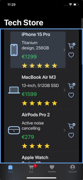 Screenshot of the Product List page in the demo app after a layout change, showing the chevron indicator positioned before the cart and wishlist buttons in each product row.
