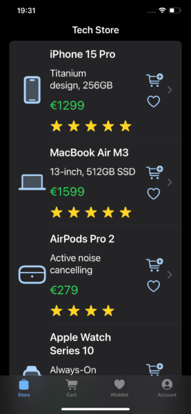 Screenshot of the Product List page in the demo app, showing several example products in a vertical list with buttons to add items to the cart or wishlist. A chevron indicator appears to the right of each product row.