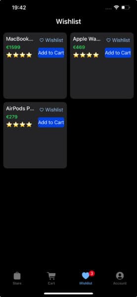 Screenshot of the Wishlist page in the demo app. It shows saved products in a two-column grid.