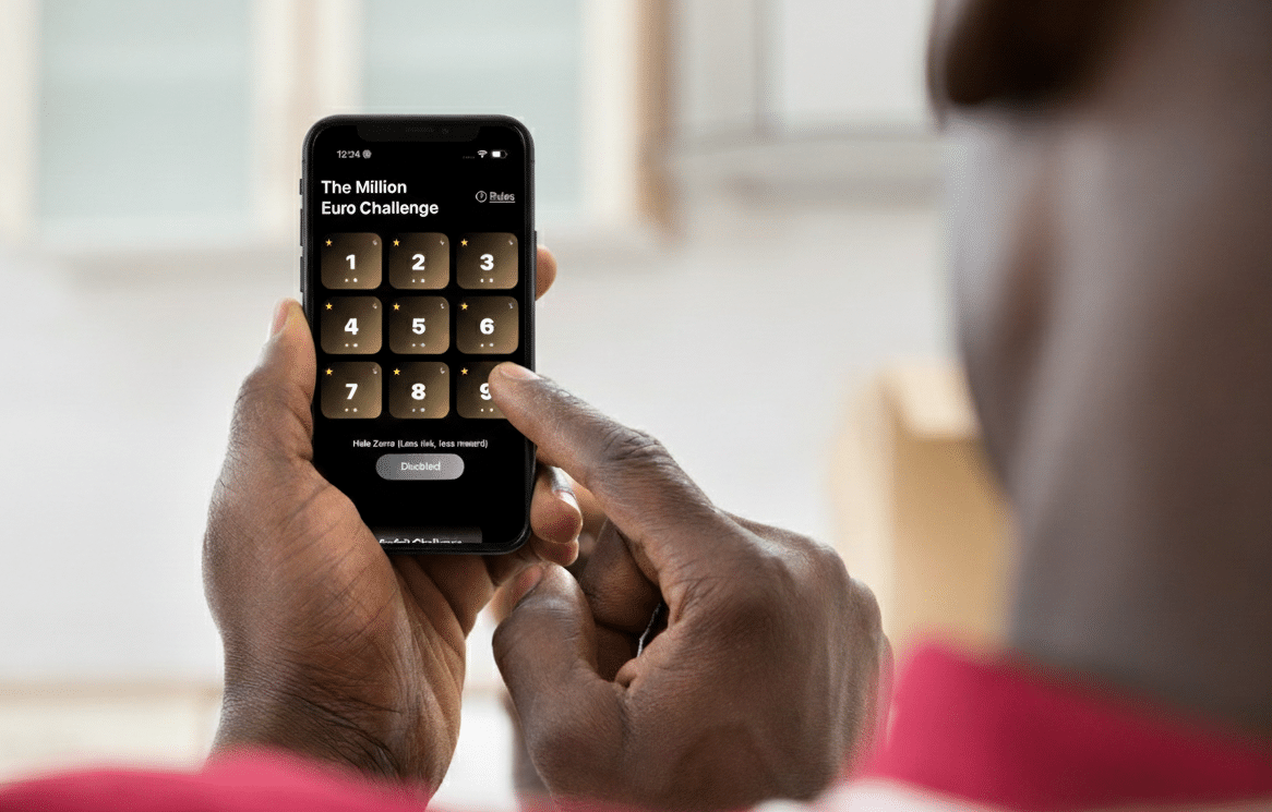 An over-the-shoulder shot of a person holding a phone. The phone is showing the app Diogo created for this article.