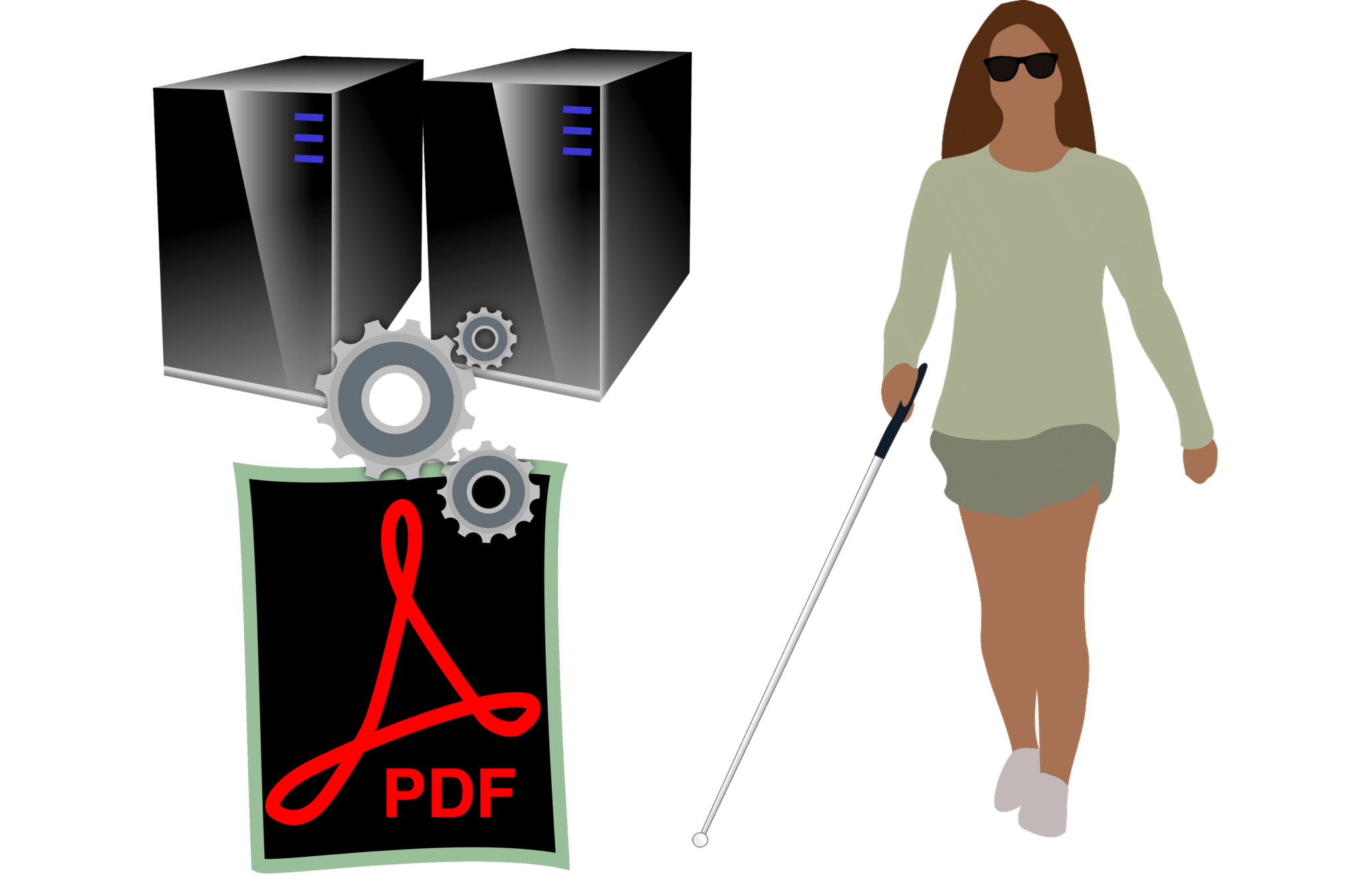 PDF file, databases, cogs and a woman walking with a cane, illustration.