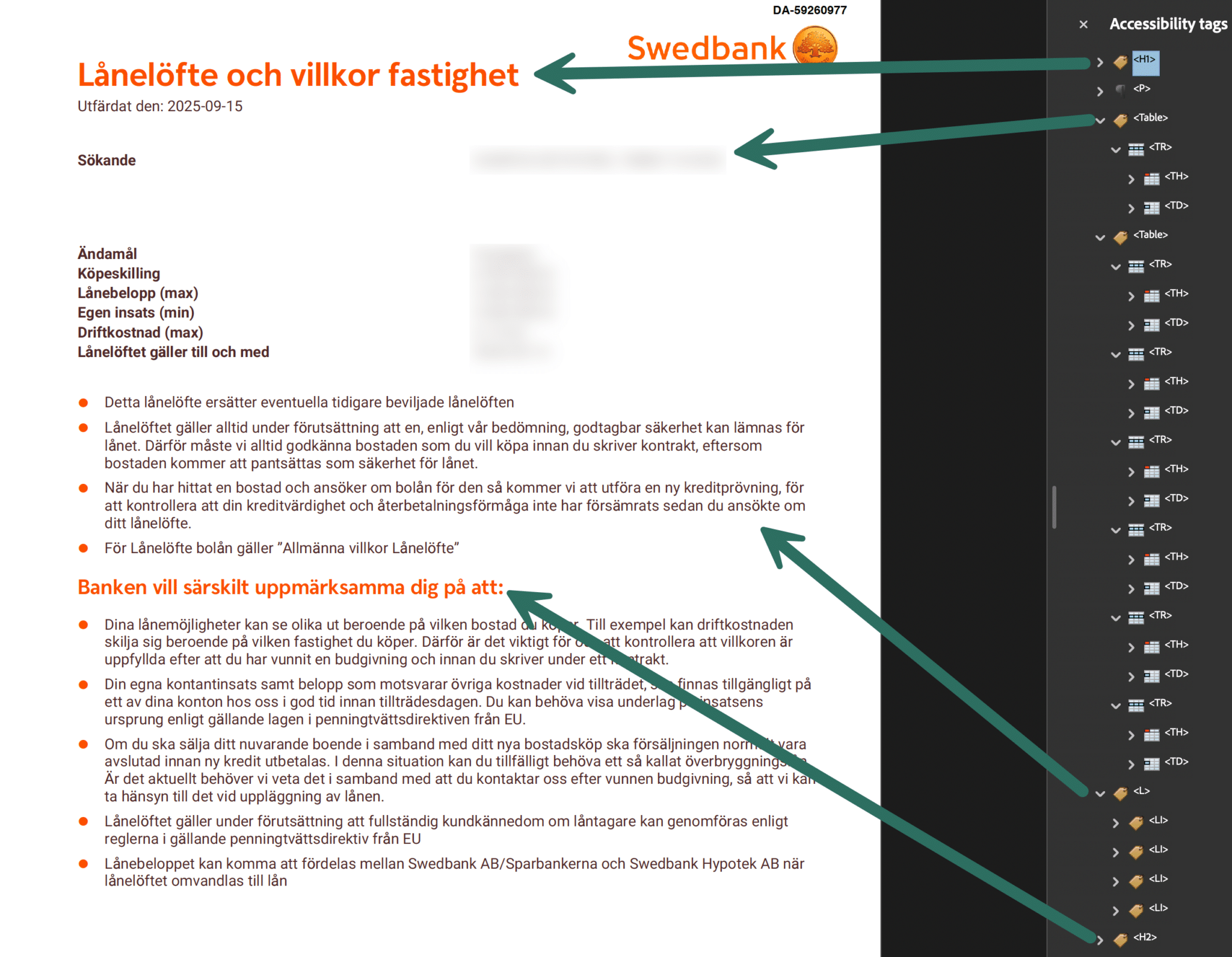 Accessibility tree with tags for H, Table, L and more.