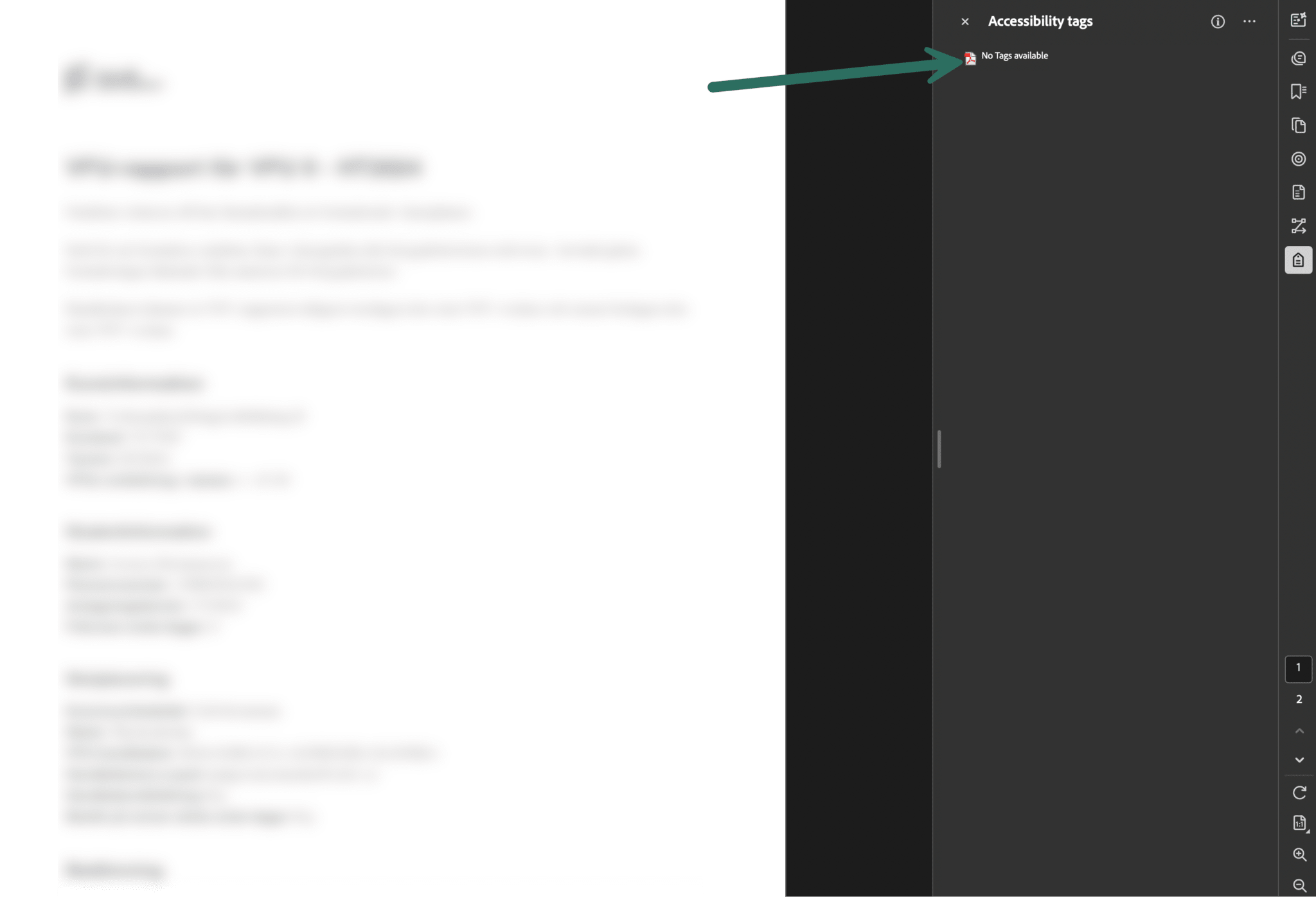 "No tags available" message in Accessibility Tags pane of a blurred out document in Acrobat Pro.