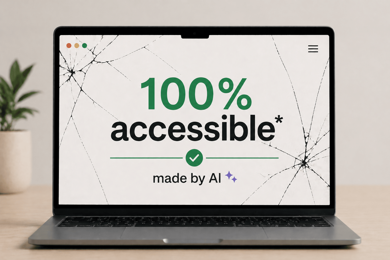 Cracked laptop screen with text 100% accessible*, made with AI.
